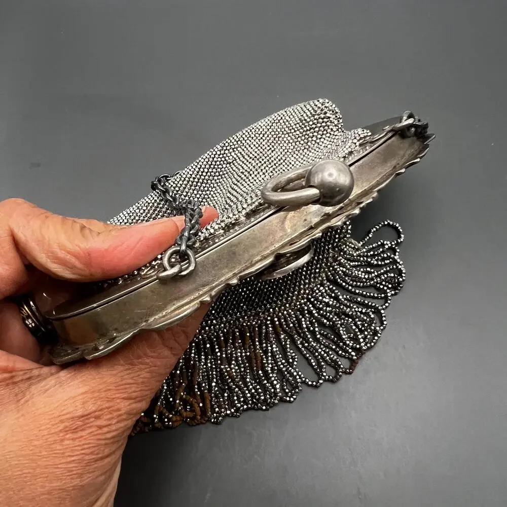 Antique Victorian Cut Steel Beaded sterling Silver Chatelaine Leather Clutch Pu